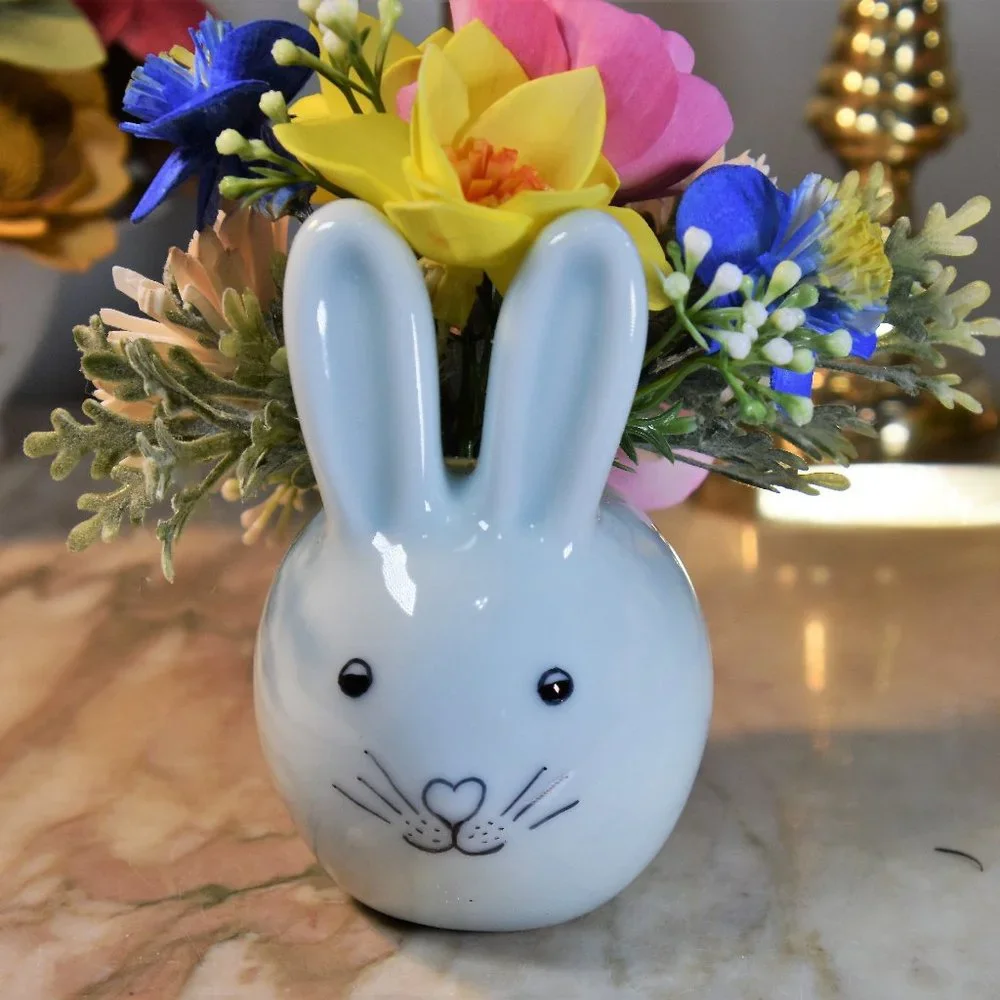 Cute light blue porcelain bunny w/ hand painted and airbrushed Sola Wood flowers
